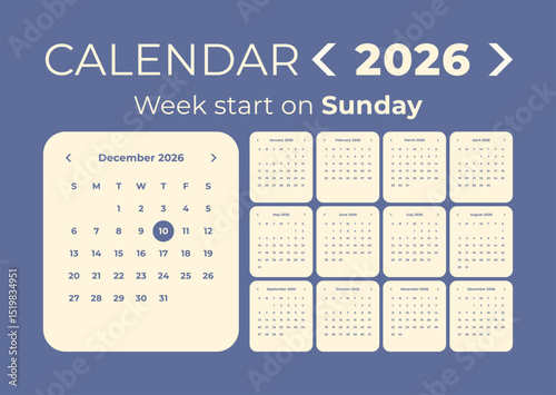 Calendar 2026 application style and the week starts on Sunday