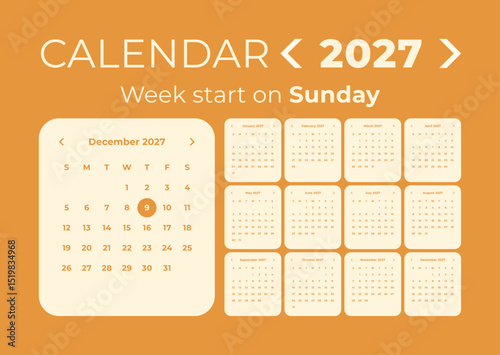 Calendar 2027 application style and the week starts on Sunday