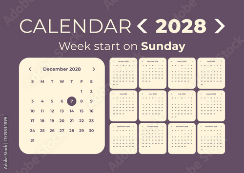 Calendar 2028 application style and the week starts on Sunday