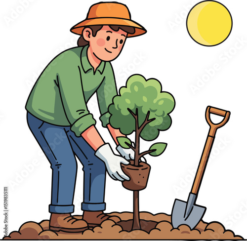 A diligent gardener, wearing a hat and gloves, is depicted carefully planting a young tree under a bright sun