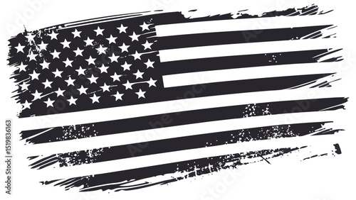 Distressed american flag in black and white with grunge texture and stylized brush stroke effect design