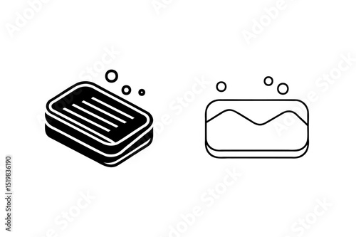 Black and white soap icons illustrating cleanliness and hygiene with bubbles and outline style