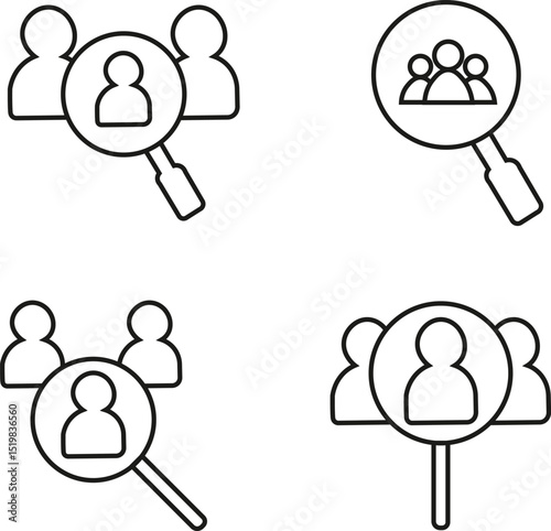 Hiring icon set, vector. search job vacancy icon. magnifying glass looking for people