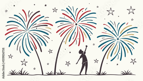 A stylized illustration of fireworks with a person reaching up towards them on a light background