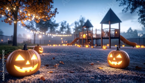Outdoor Halloween Setup. A spooky playground scene with glowing jack-o'-lanterns and autumn trees, creating a festive Halloween atmosphere.