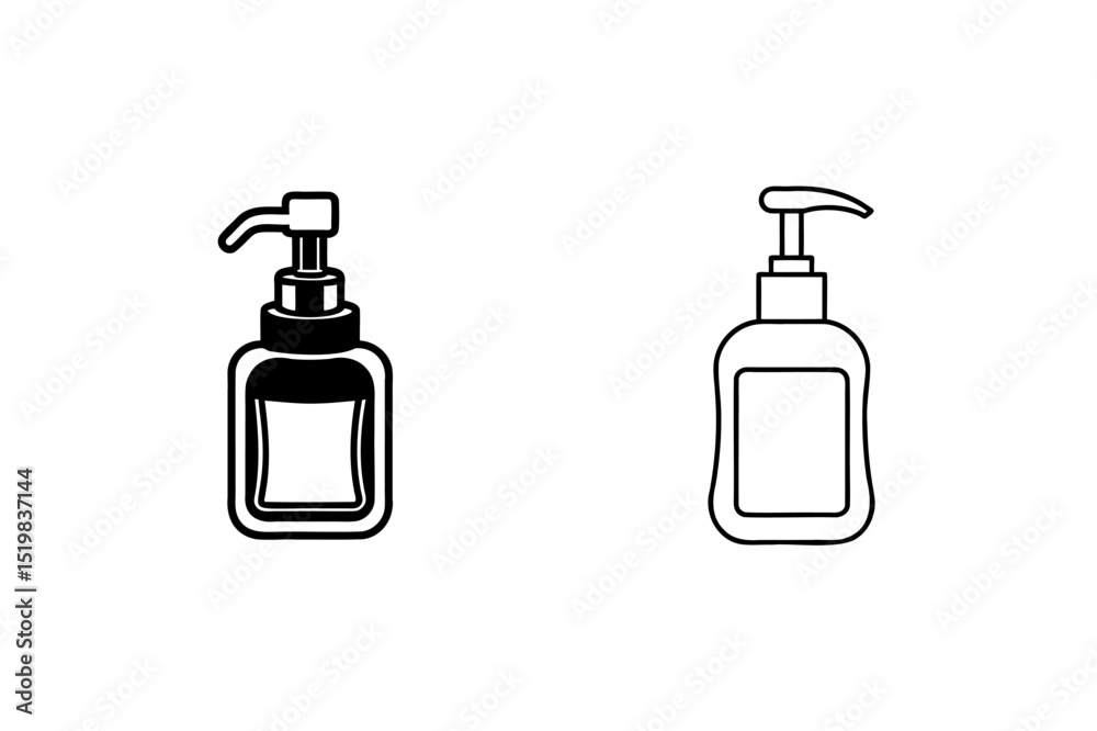 Obraz premium Simple vector illustrations of hand soap dispenser bottles in outlined black and white