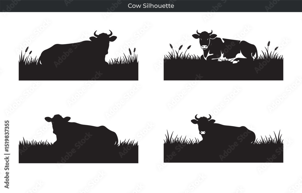 Obraz premium Black cow silhouettes resting in grass simple farm animal illustrations for design projects