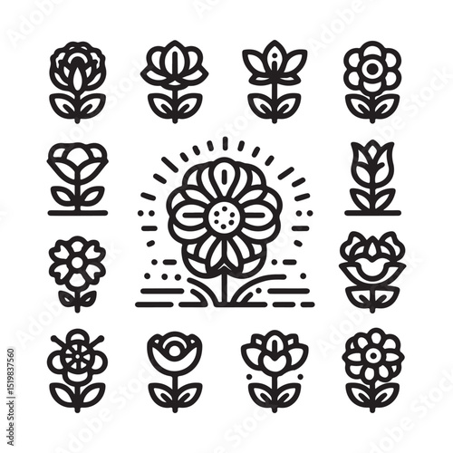 Flowers related editable stroke outline icon set flat vector illustration