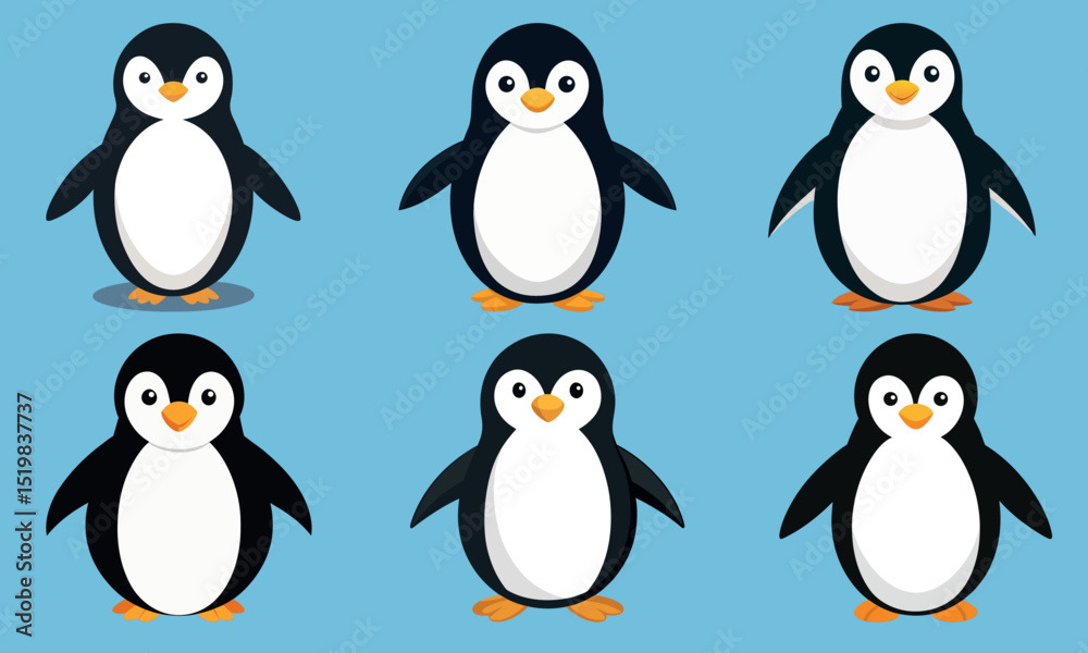 Obraz premium Penguins Vector Design Set Cute Flat Cartoon Penguin Illustrations