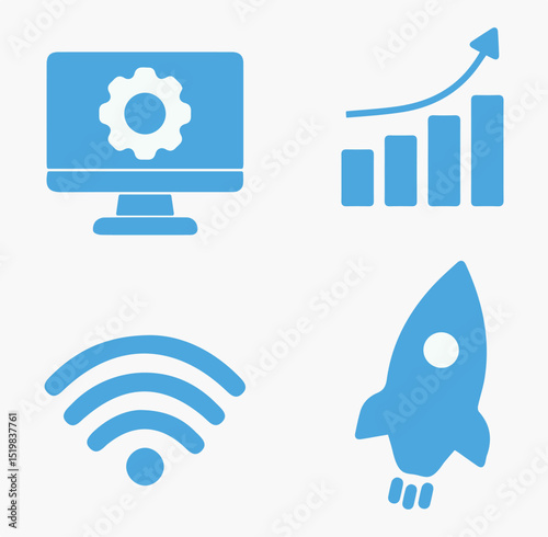 Computing, data, analysis, tech, information, market, business, accounting, commerce, finance, web. Growth, speed, rocket, development, innovation, server. Set, icon, vector