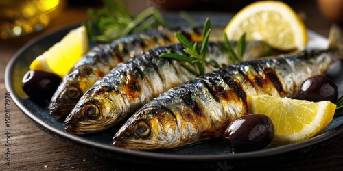 A High Resolution image of grilled sardines served on plate with lemon slices, olives garnish. Traditional greek cuisine at authentic restaurant. Healthy mediterranean seafood dish.