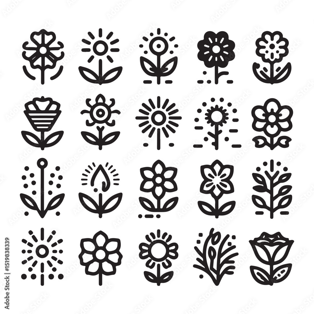 Fototapeta premium Flowers related editable stroke outline icon set flat vector illustration