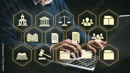 Man typing on laptop with legal icons overlayed on screen in a dark setting for legal services use
