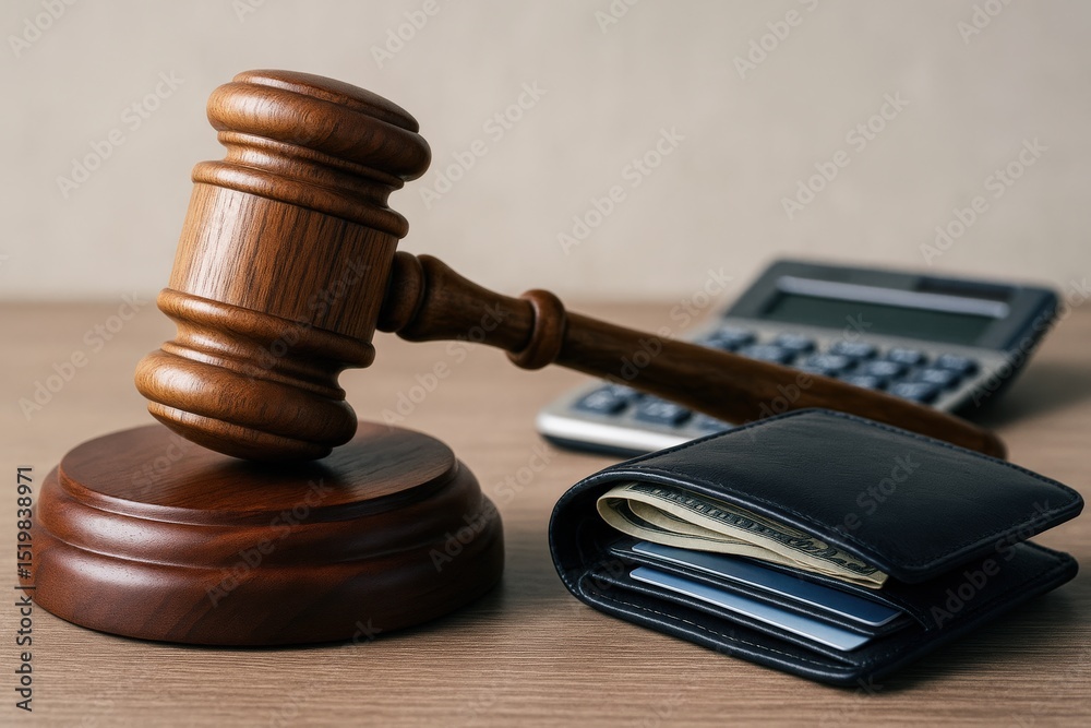 Legal Finance Concept Gavel, Wallet Filled with Money and Cards, and Calculator Representing Financial Justice Legal Finance Concept Gavel, Wallet Filled with Money and Cards, and Calculator Representing Financial Justice