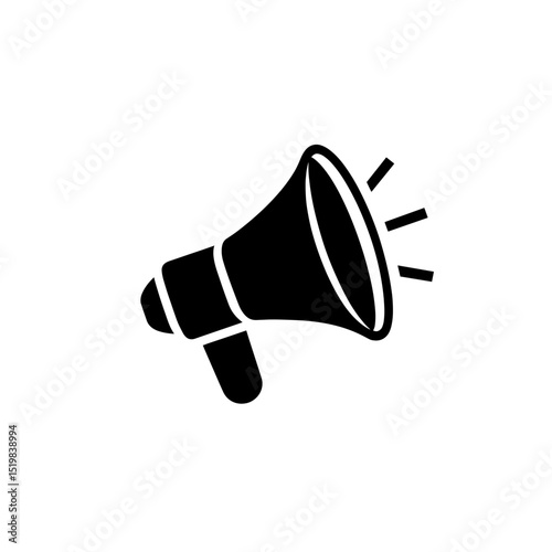 Minimalist black megaphone icon tilted with sound lines and transparent background
