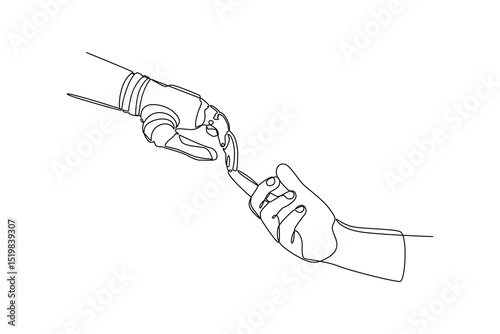 Robot and human hand touching in continuous line drawing