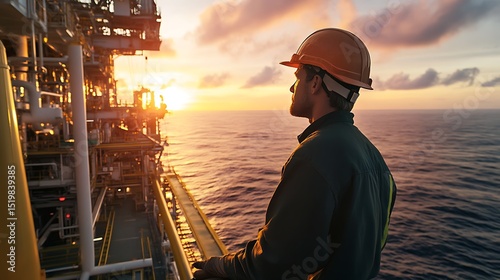 Worker on Offshore Oil Rig at Sunset Watches the Horizon View