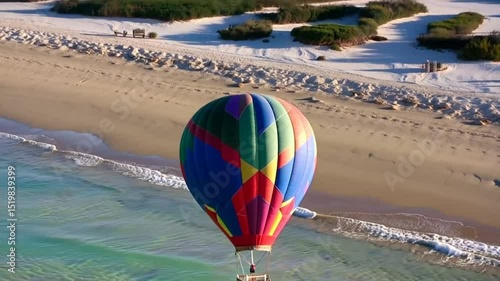 Vibrant hot air balloon soars gracefully above a picturesque tropical beach, offering a breathtaking view of the coastline, white sand, and crystal clear turquoise waters