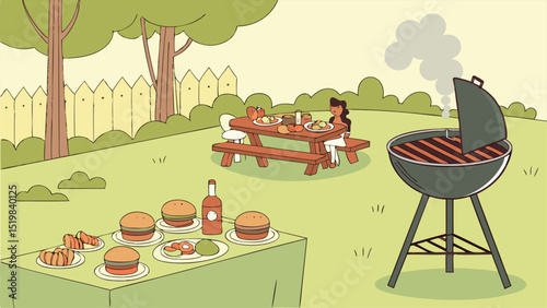 An outdoor barbecue scene with a picnic table, grill, and food on a table in a backyard setting