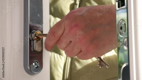 Hand with key in door 