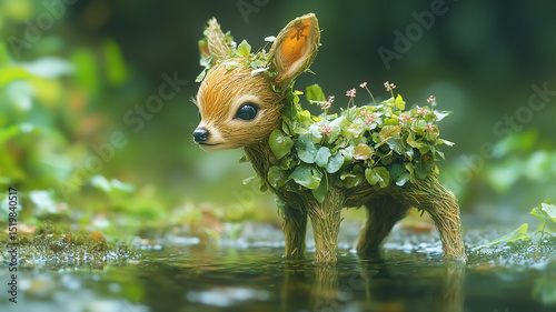 Green leaves forming the body of a deer in a forest. Concept of water, environment and ecology