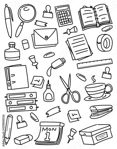 Childlike Office Icon Set with Hand-drawn Style