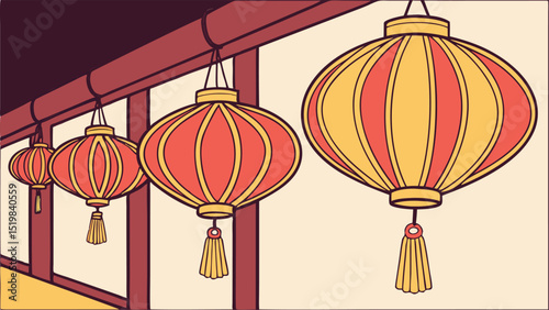 Illustration of four hanging chinese lanterns with red and yellow colors under a dark red beam
