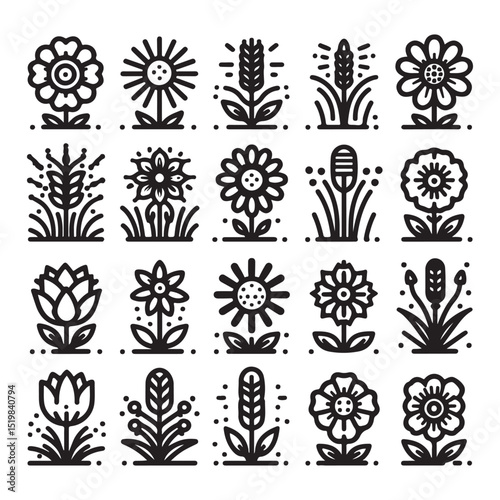 Flowers related editable stroke outline icon set flat vector illustration