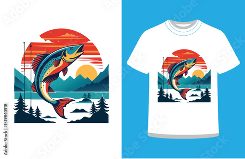 Mountain Lake Fishing T-Shirt Vector.