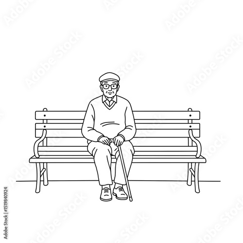 Elderly man sitting with cane on park bench in a calm setting  