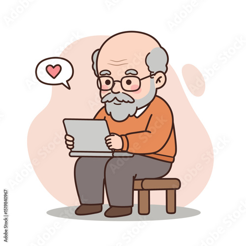 Elderly man checking email on tablet while sitting on a stool  