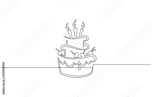 Continuous one line drawing of birthday cake with candles. Symbol of sweet celebration torte, Sweet birthday cake outline drawing illustration. one continuous line drawing .