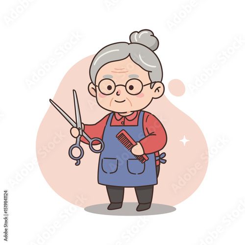 Elderly hairdresser with scissors and comb smiling in colorful apron  