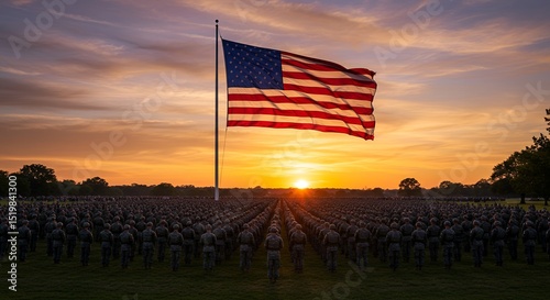 American Soldiers Saluting in Front of Flag at Dusk – Military Remembrance