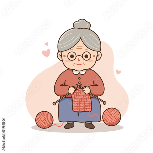 Elderly woman knitting for family with yarn in cozy pink background  
