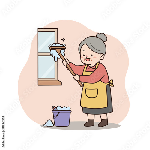 Elderly woman washing windows with a squeegee in a cozy home  