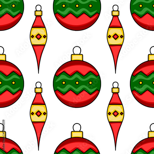 Seamless vector pattern of stylized Christmas baubles and icicle ornaments in red, green and gold, perfect for festive winter designs.