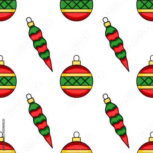 Seamless vector pattern with stylized Christmas ornaments: red and green baubles and icicle decorations on white background, creating a festive and cheerful design.