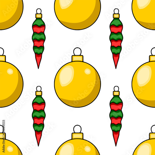 Seamless vector pattern featuring stylized golden Christmas baubles and striped icicle ornaments, creating a cheerful and festive design ideal for winter holidays.