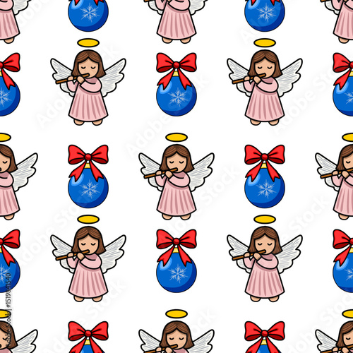 Seamless vector Christmas pattern featuring adorable angels playing flutes and blue baubles with red bows, creating a charming and festive design perfect for winter holidays.