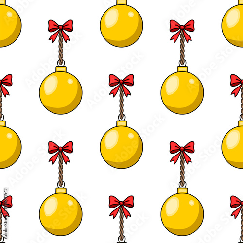 Seamless vector pattern of golden Christmas balls with red bows on twisted ropes, creating a festive and playful design ideal for winter holidays wrapping paper or festive backgrounds.