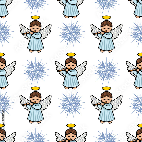 Seamless vector pattern featuring adorable cherubic angels playing flutes amidst stylized snowflakes, creating a charming Christmas design.
