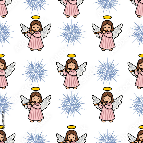 Seamless vector pattern featuring adorable angels playing flutes amidst stylized snowflakes, creating a charming Christmas design ideal for festive backgrounds and winter-themed projects.
