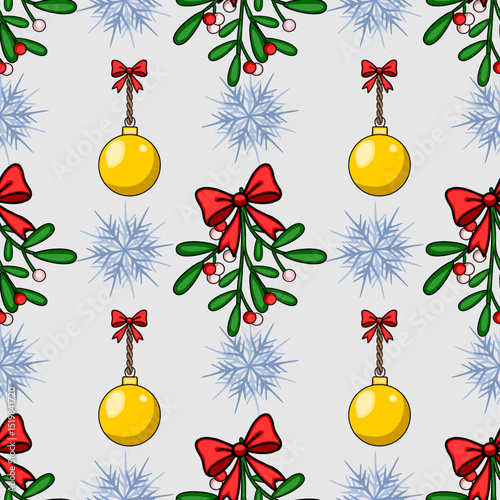 Seamless vector Christmas pattern featuring mistletoe sprigs with red bows, golden baubles, and stylized snowflakes on a light grey background, creating a festive and charming winter design.