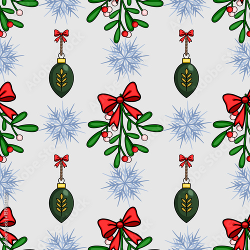 Seamless vector Christmas pattern featuring mistletoe sprigs with red bows, dark green ornaments with golden details, and stylized snowflakes on a light grey background.