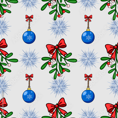 Seamless vector Christmas pattern with mistletoe, snowflakes, and blue baubles, featuring vibrant red bows and a light grey background, ideal for festive designs.