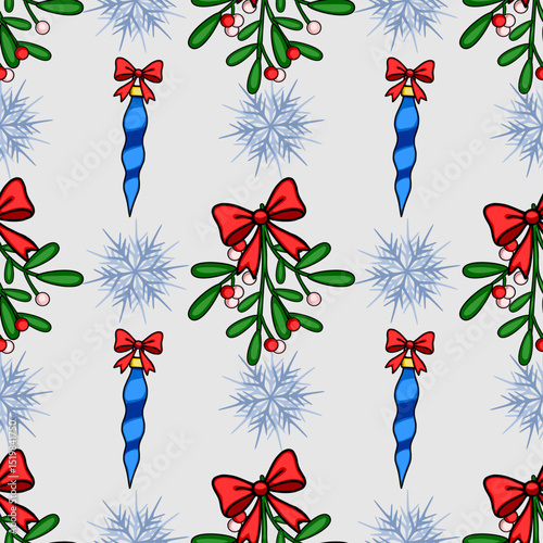 Seamless vector Christmas pattern with mistletoe, snowflakes, and blue icicle ornaments, featuring a vibrant red bow design for festive holiday backgrounds.
