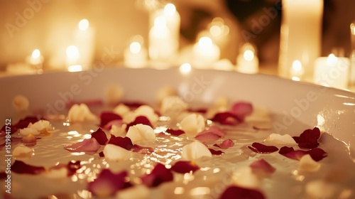 A luxurious candlelit bath with delicate rose petals floating on warm water, exuding romance and relaxation.