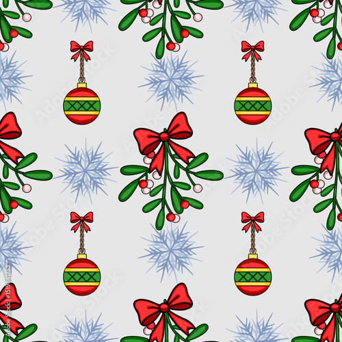 Seamless vector Christmas pattern with mistletoe, snowflakes, and decorative ornaments, featuring a unique blend of hand-drawn style and vibrant red, green, and gold colors.