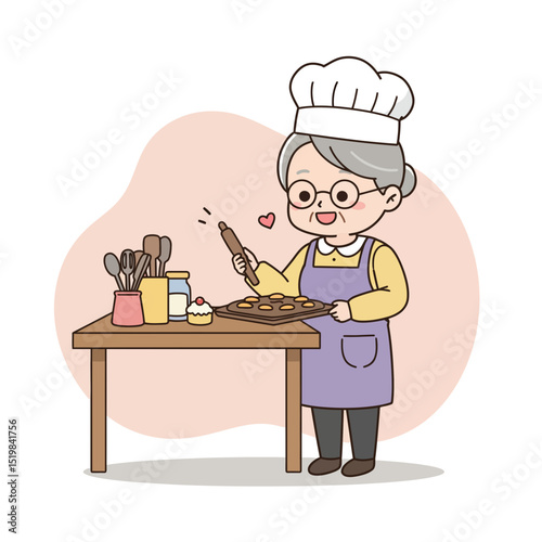 Elderly woman teaching baking while smiling at the kitchen table  